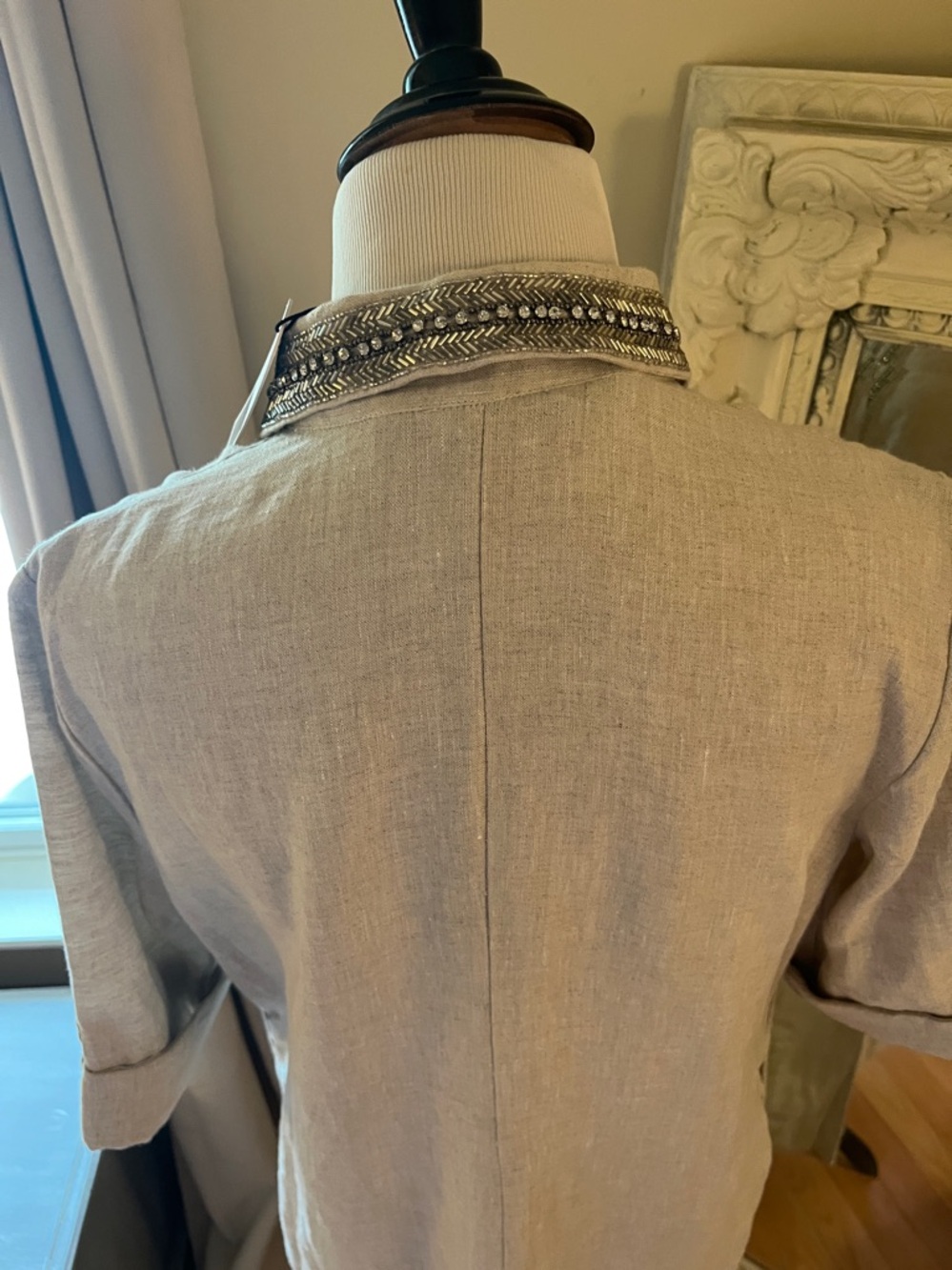 Beaded Trim Linen Tunic Dress - Neutral Beige - Picture 5 of 7